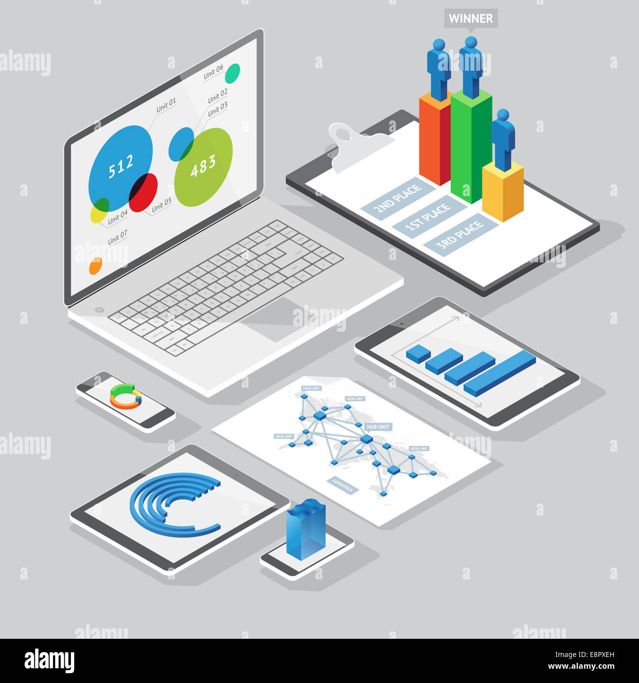 Set of infographics design elements on stationery and computer devices. Isometric style. Stock Photo