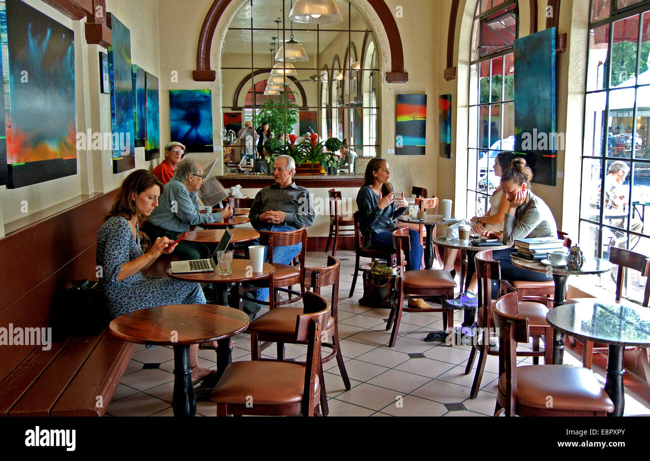 customers hang out in the depot cafe in Mill Valley California Stock