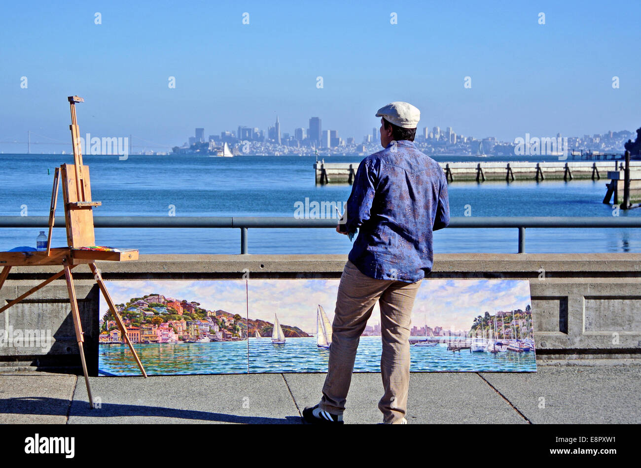 local artist displaying painting of Tiburon and San Francisco Bay Stock Photo