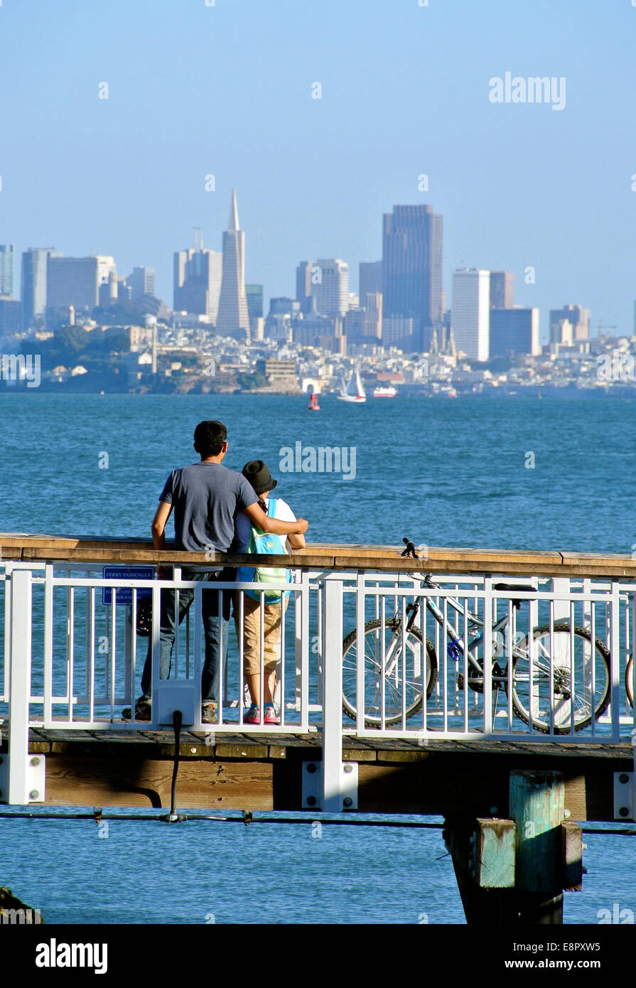 couple tourists in Tiburon  lookout over Alcatraz and city  skyline Stock Photo