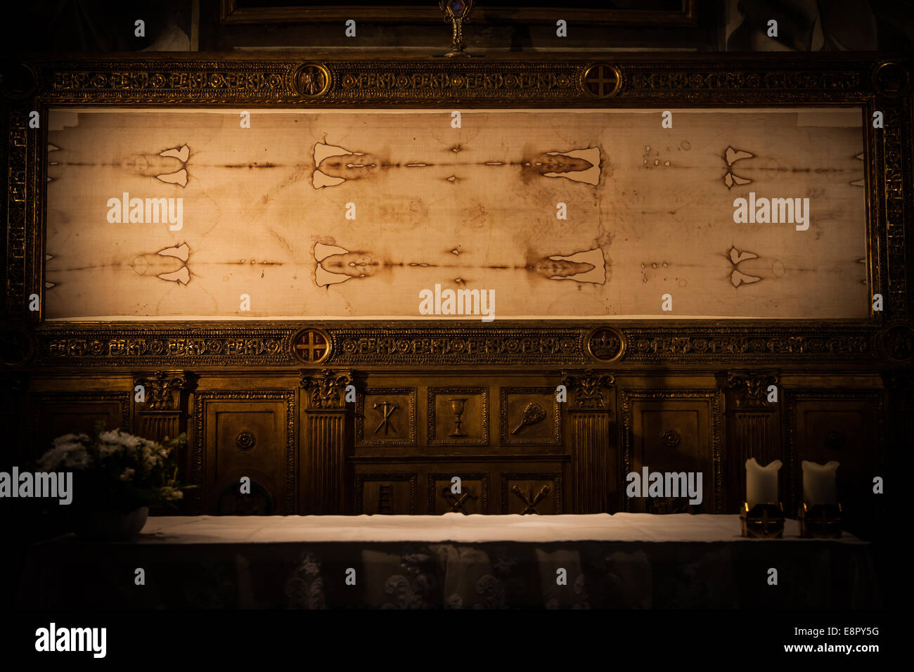 Detail of a copy of the Holy Shroud of Turin, Italy Stock Photo