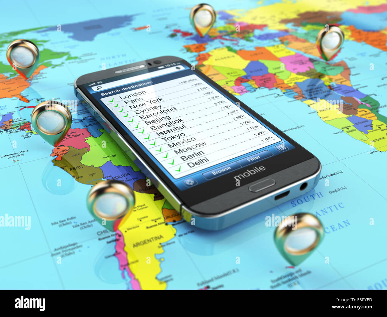 Travel destination and tourism concept. Smartphone on world map and ...