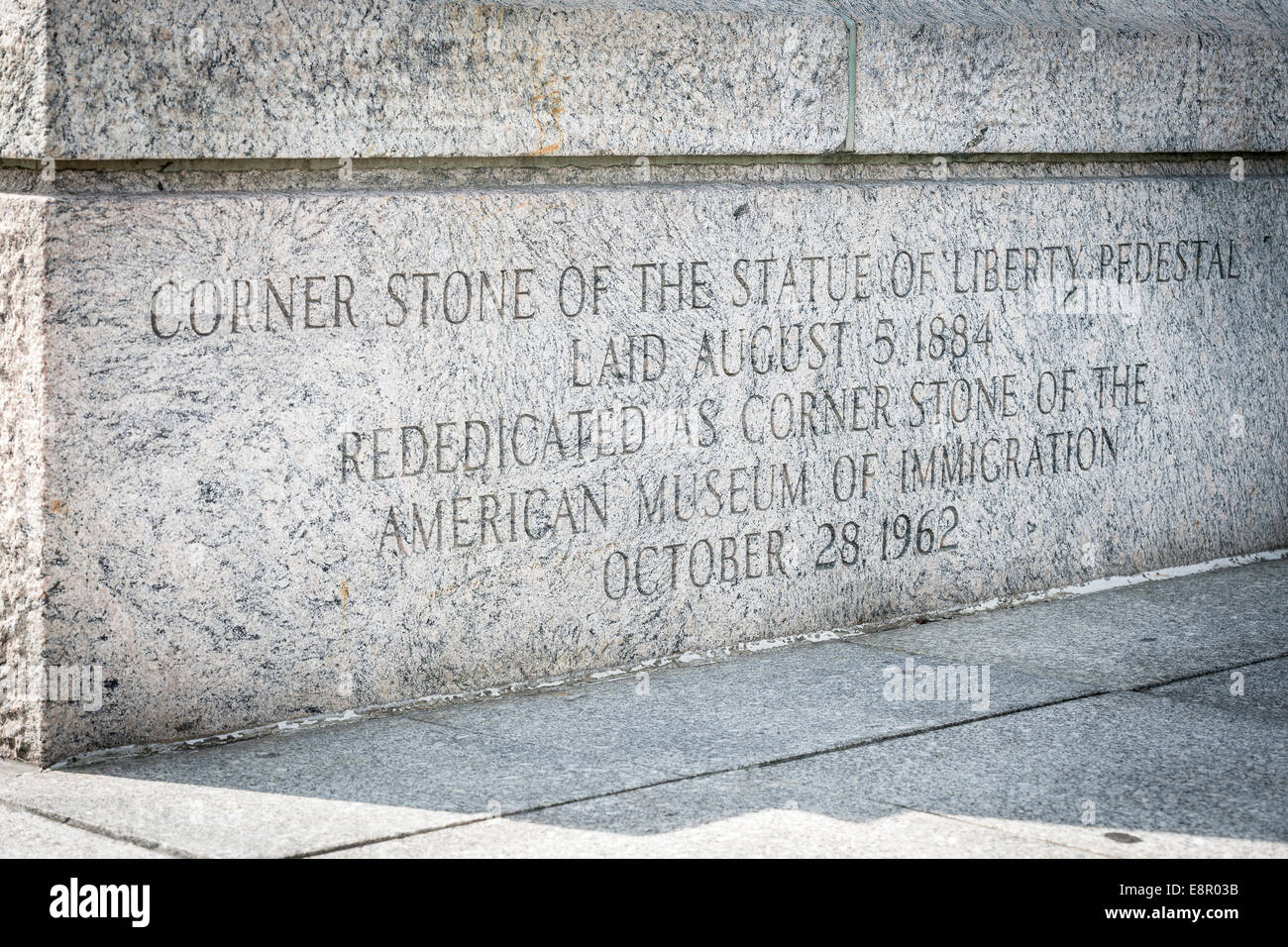 The Corner Stone of the Statue of Liberty Pedestal, laid August 5th 1884 - Liberty Island, New York - USA. Stock Photo