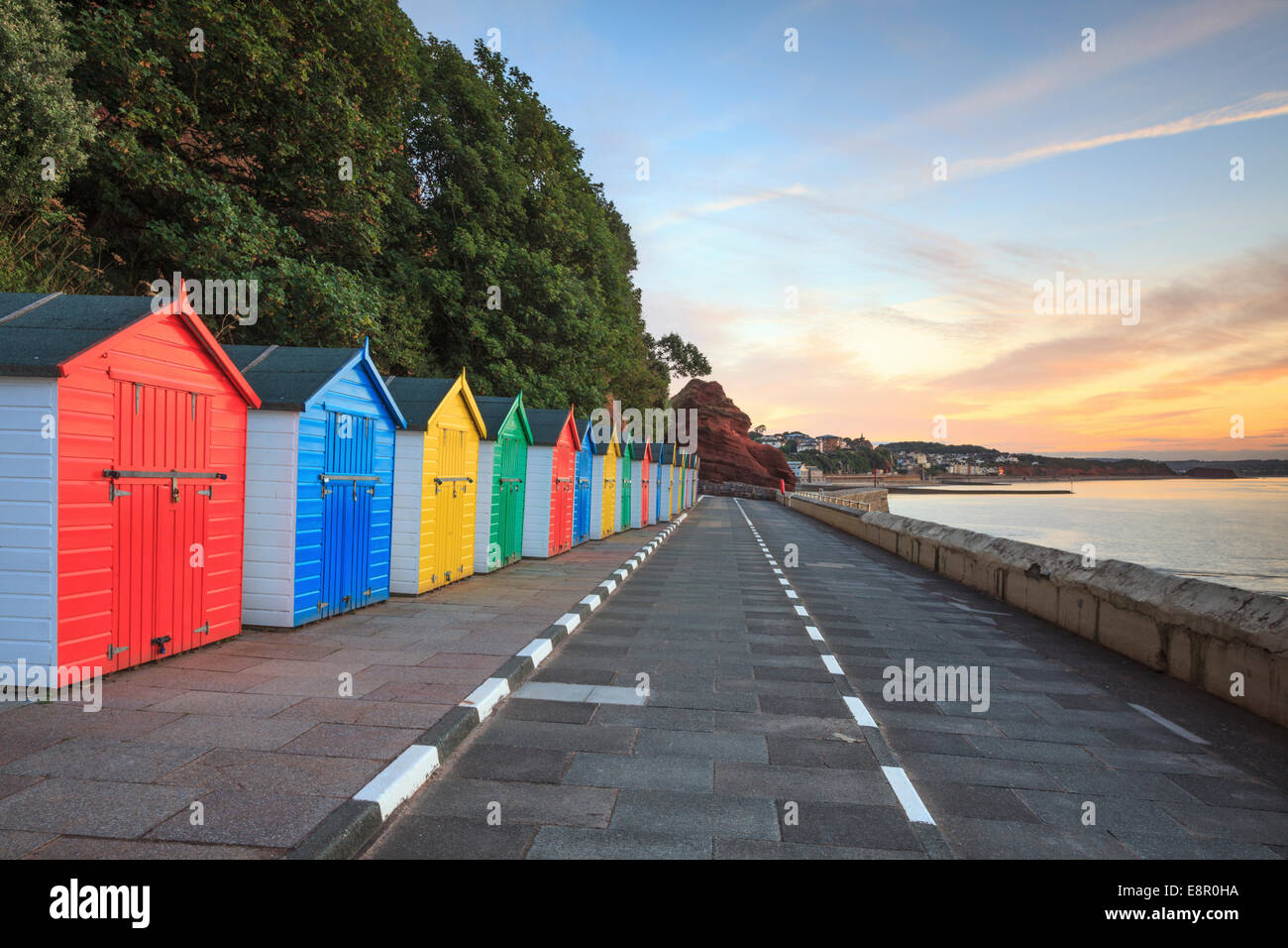 Beach Hut's at Coryton's Cove near Dawlish captured at sunrise. Stock Photo