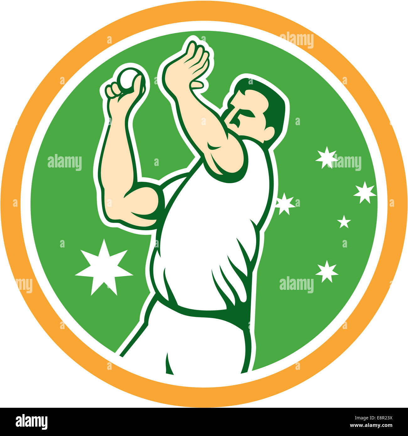 Illustration of an Australian cricket player fast bowler bowling with cricket ball set inside circle with stars in the background done in cartoon style. Stock Photo