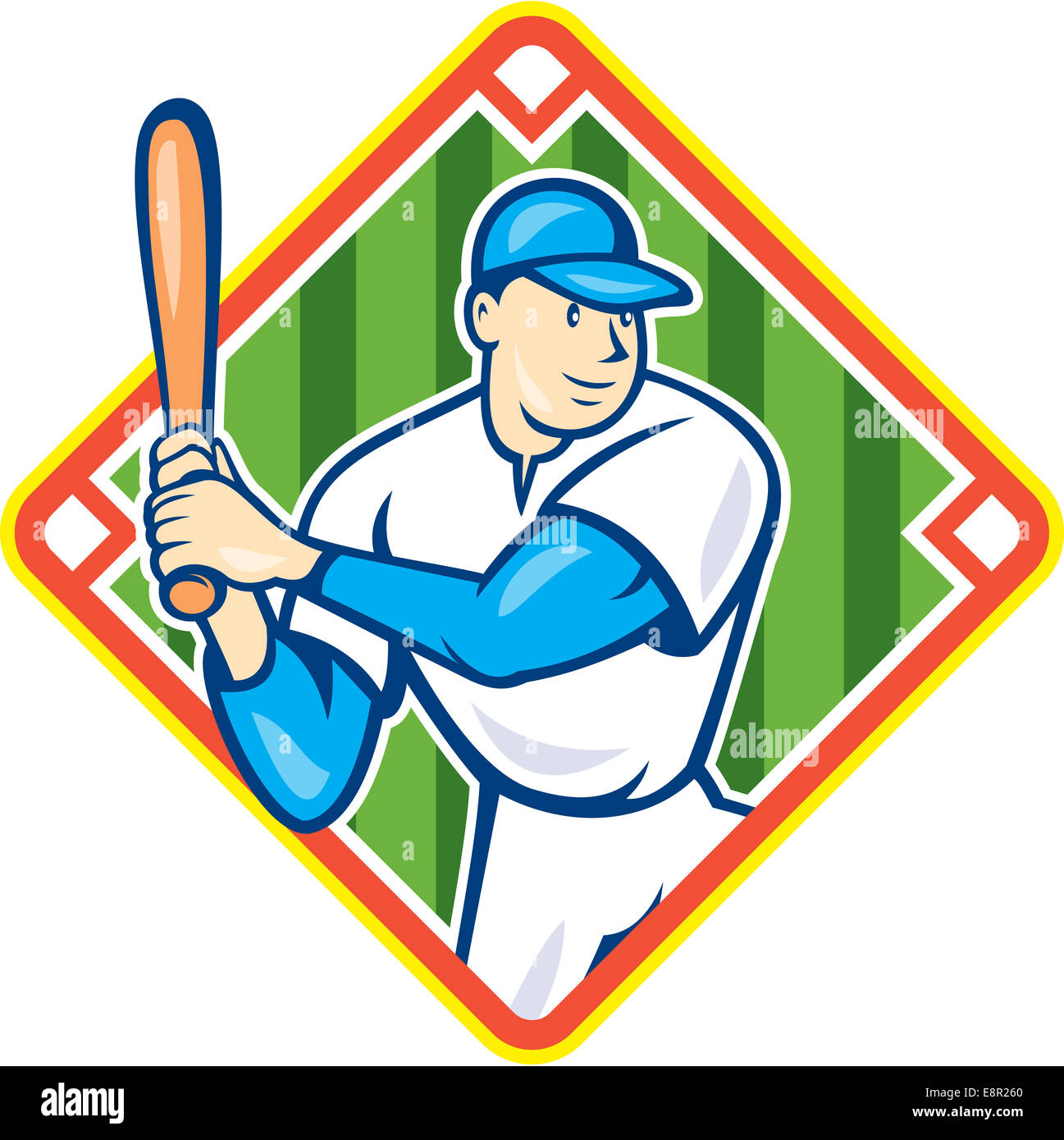 Illustration of an american baseball player holding bat batting set inside diamond shape on isolated background done in cartoon Stock Photo