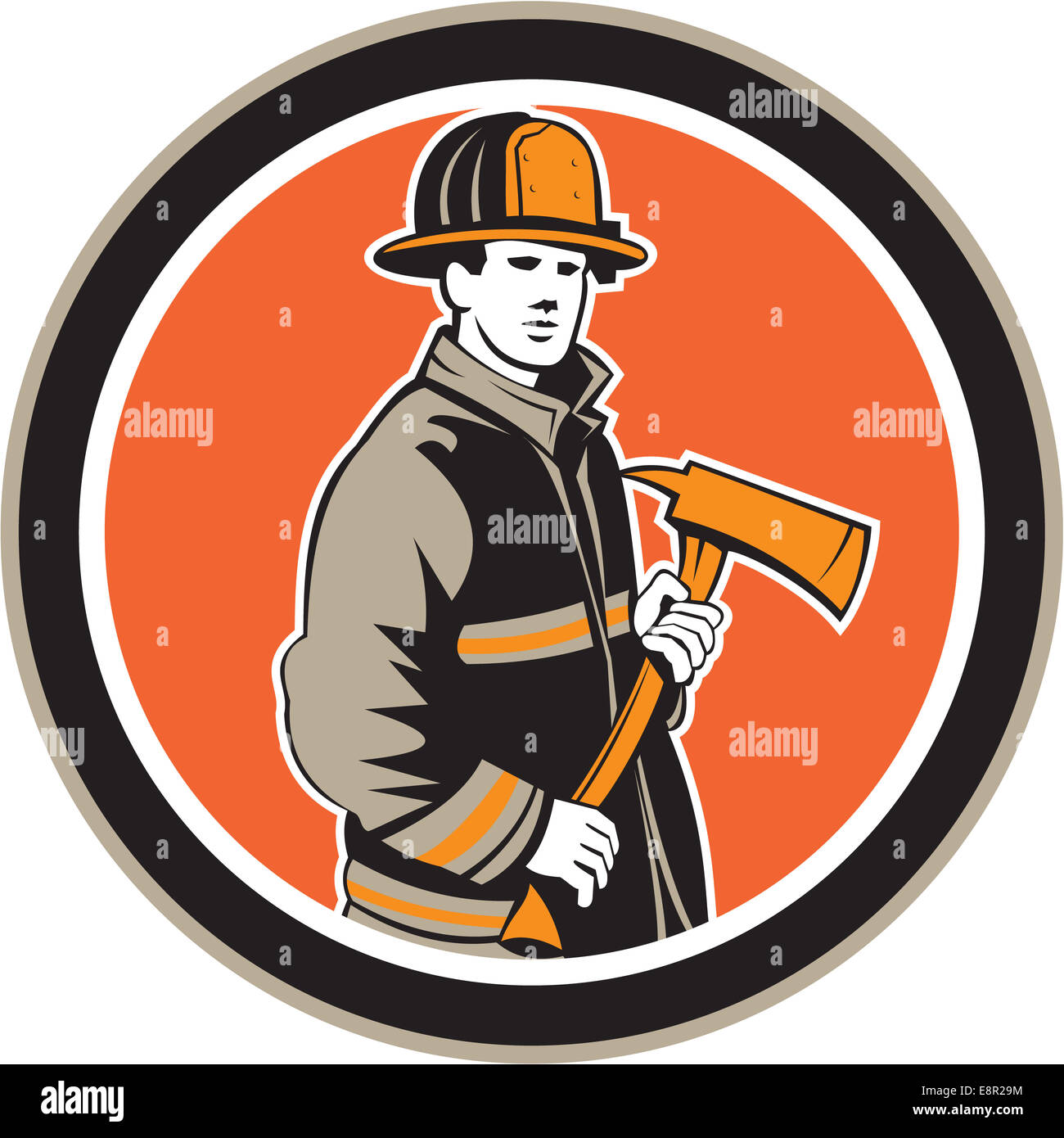 Illustration of a fireman fire fighter emergency worker holding a fire axe viewed from front set inside circle on isolated background done in retro style. Stock Photo