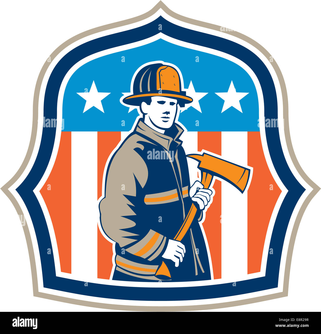 Illustration of an american fireman fire fighter emergency worker holding a fire axe viewed from front set inside shield crest with american stars and stripes flag in the background done in retro style. Stock Photo