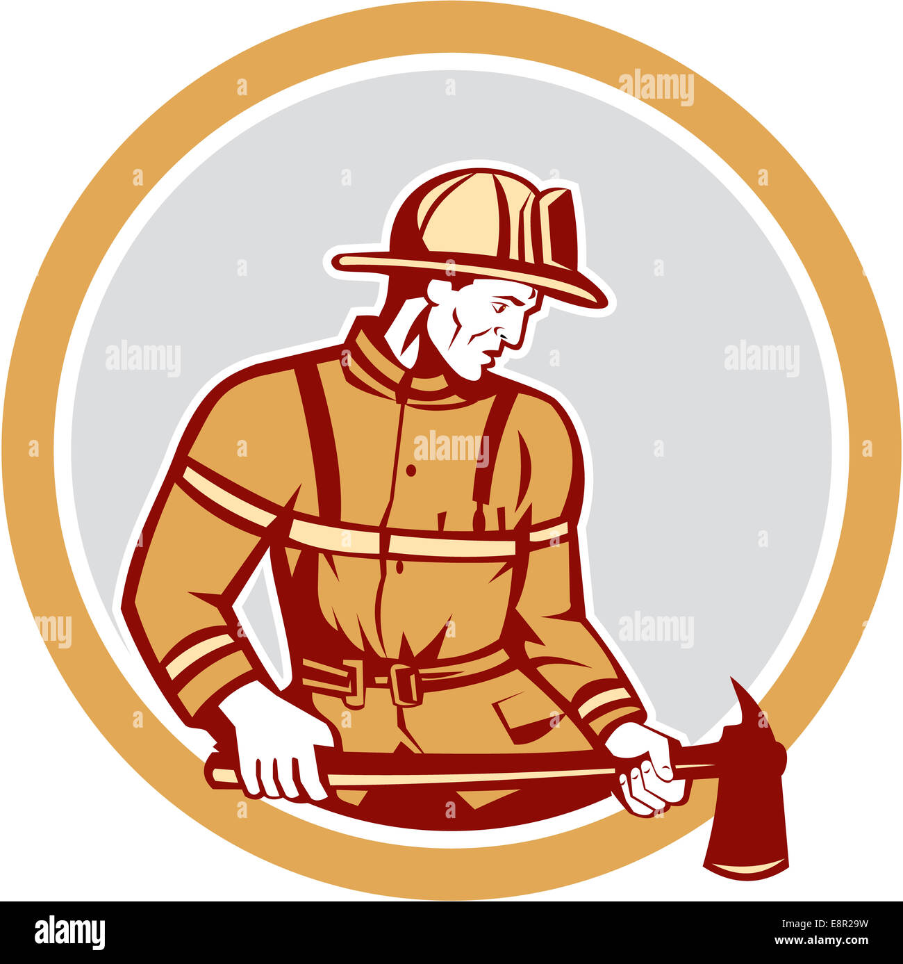 Illustration of a fireman fire fighter emergency worker holding a fire axe looking to the side set inside circle on isolated background done in retro style. Stock Photo
