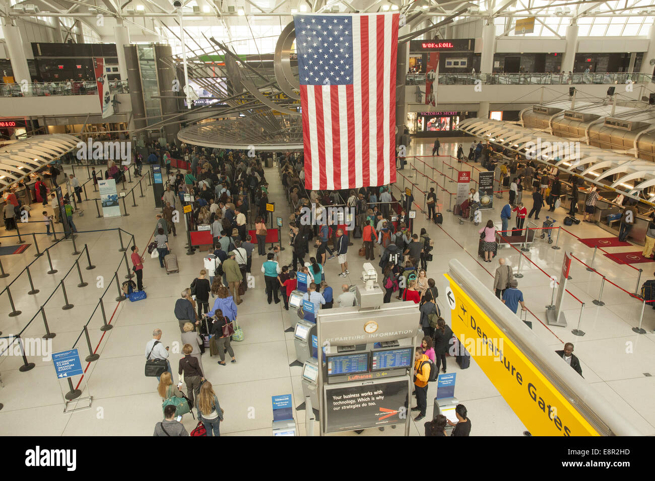 International airline ticket counters in the departures area at JFK