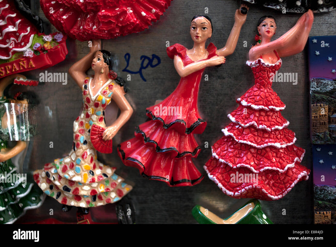 Ceramic dolls of female Flamenco dancers decorate a folk art shop in Granada, Andalusia, Spain Stock Photo