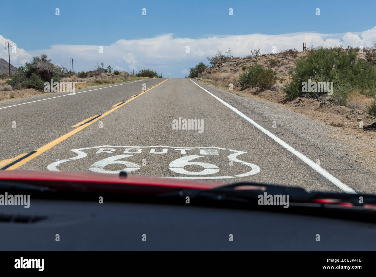 On the route 66 in Arizona, view from car, USA Stock Photo