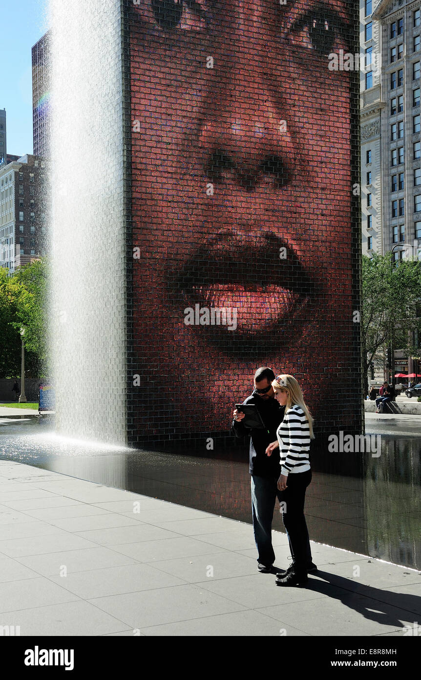 Chicago's Crown Fountain with reflecting pool and glass block towers