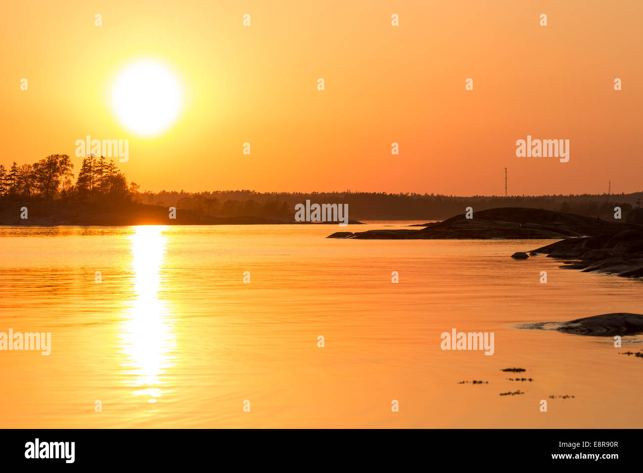 Sun setting at Järvo island, Kirkkonummi, Finland, Europe, EU Stock Photo