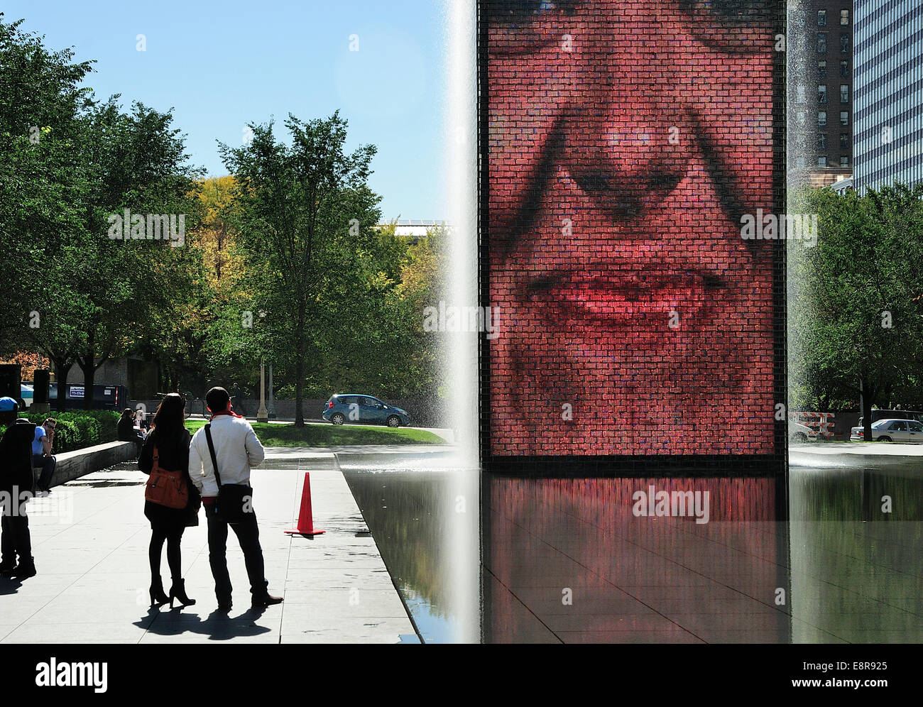 Chicago's Crown Fountain with reflecting pool and glass block towers