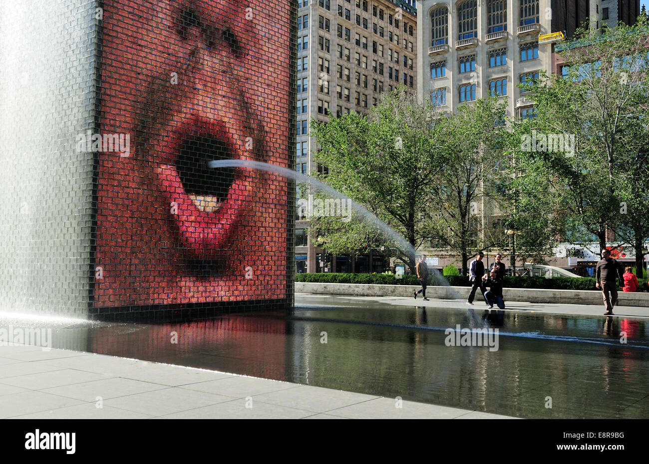Chicago's Crown Fountain with reflecting pool and glass block towers