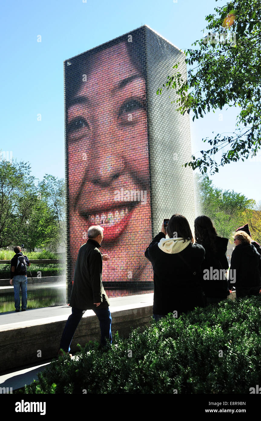 Chicago's Crown Fountain with reflecting pool and glass block towers