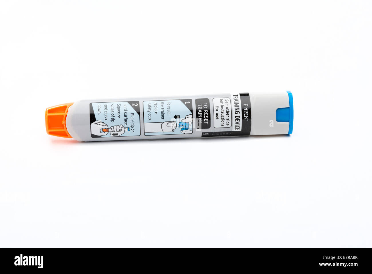 Epipen adrenaline training pen used by the prescribed patient who suffers anaphylaxis in readiness for the real injection. Stock Photo
