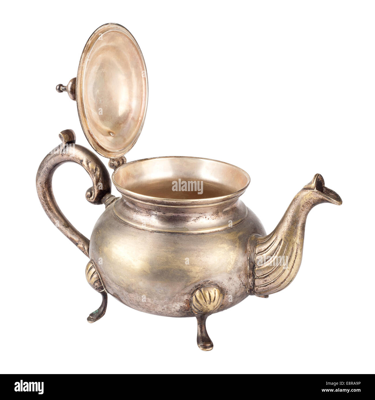 Antique silver teapot with open lid isolated on white background Stock