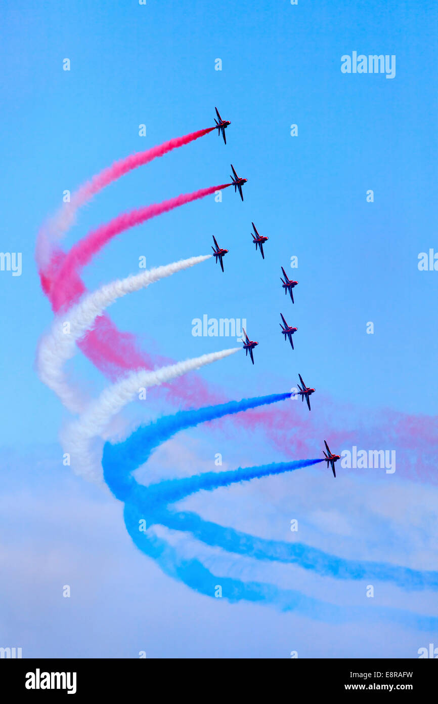 The Red Arrows captured over Falmouth in late May 2014 Stock Photo