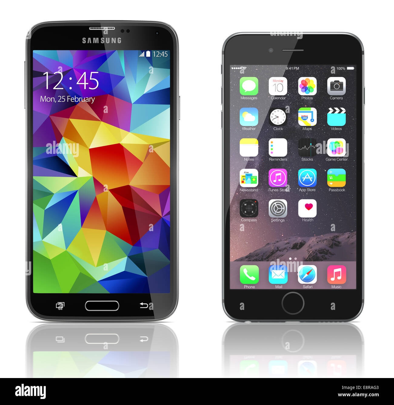 Comparison of Samsung Galaxy S5 and Apple iPhone 6 side by side. Stock Photo