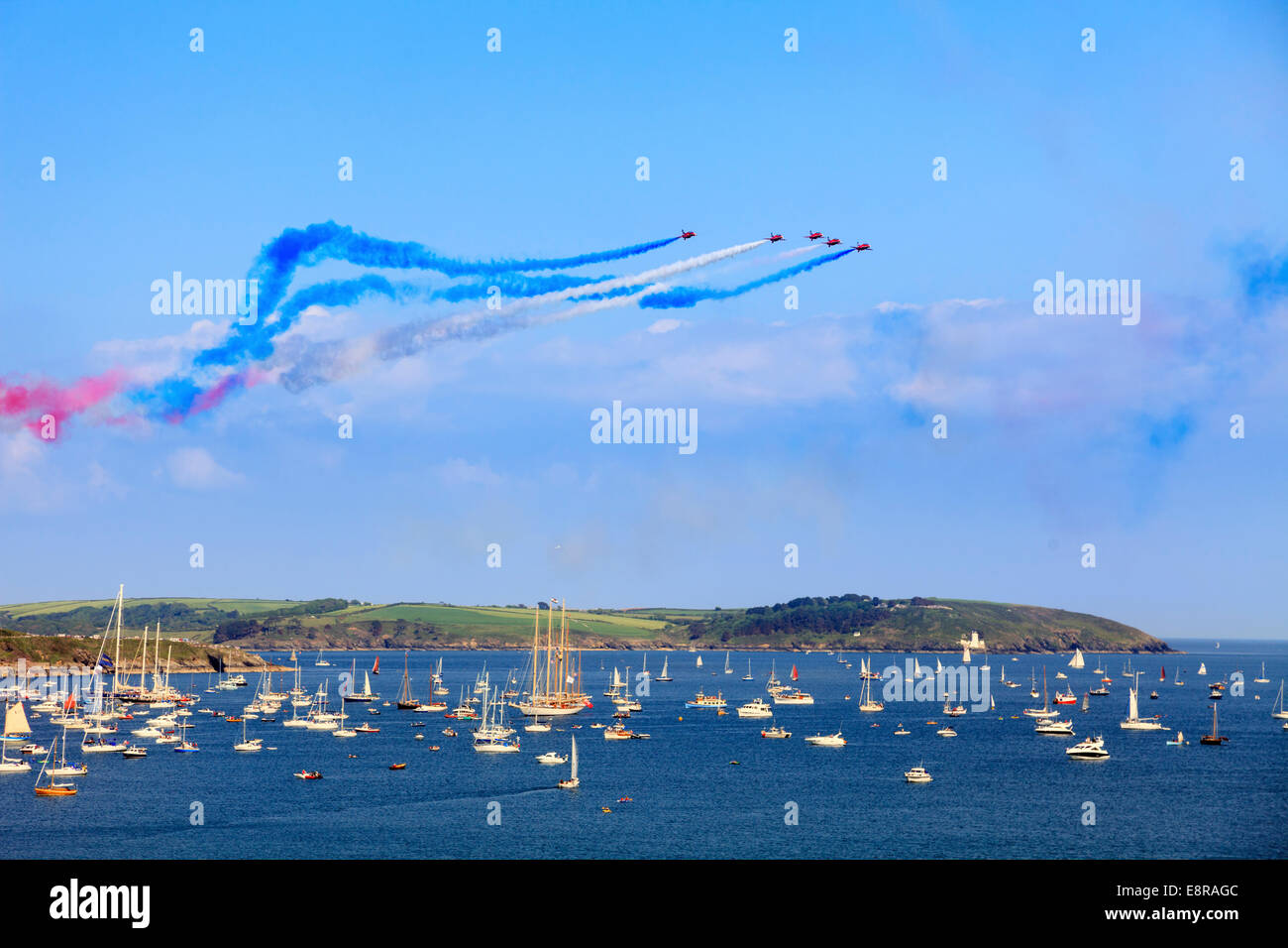 The Red Arrows over Falmouth Bay in Cornwall. Stock Photo