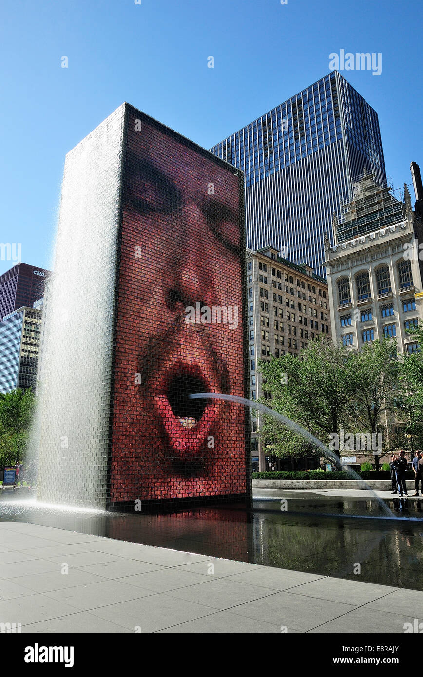 Chicago's Crown Fountain with reflecting pool and glass block towers