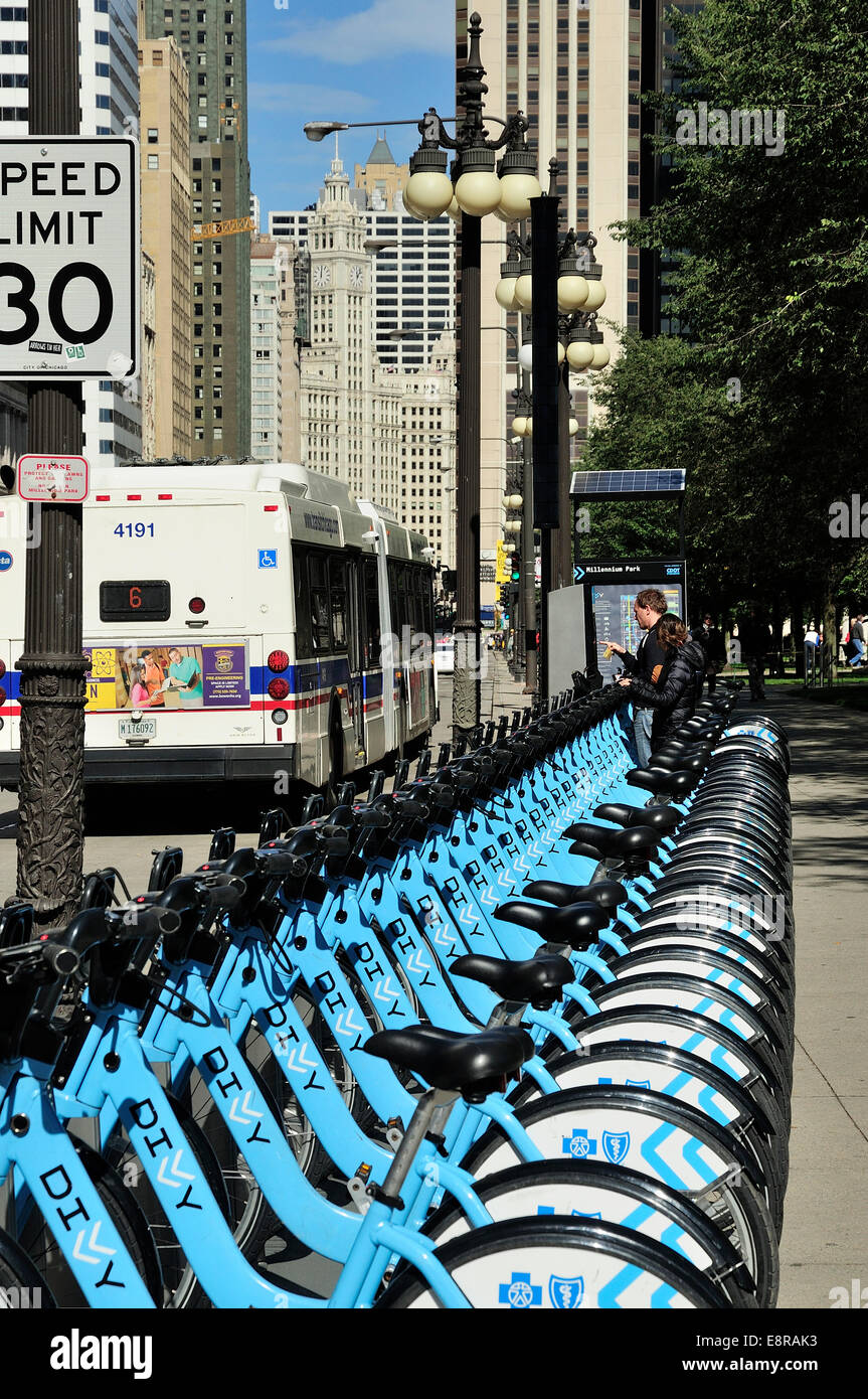 Chicago Divvy bike rental station on Michigan Avenue in front of