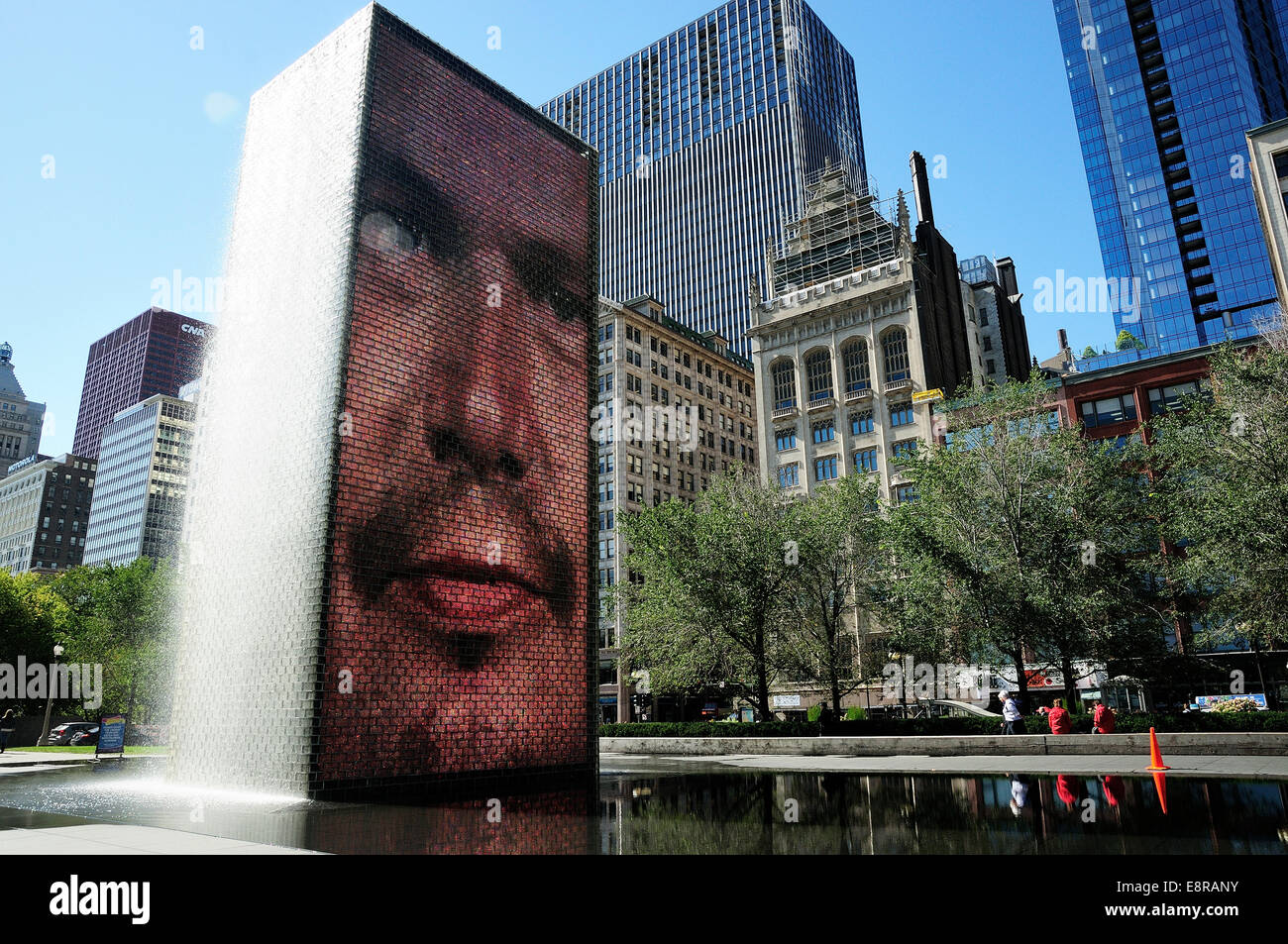 Chicago's Crown Fountain with reflecting pool and glass block towers