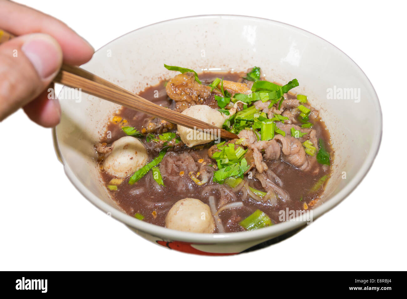 It is Pork Waterfall noodles (Kuay teow nam tok moo) Thai culture and Thai style spicy soup noodle a Thai noodle with cooked Stock Photo