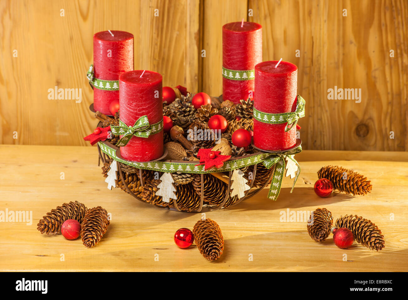Advent wreath with red candles in country style Stock Photo