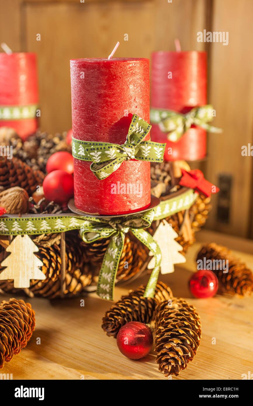 Advent wreath with red candles in country style Stock Photo