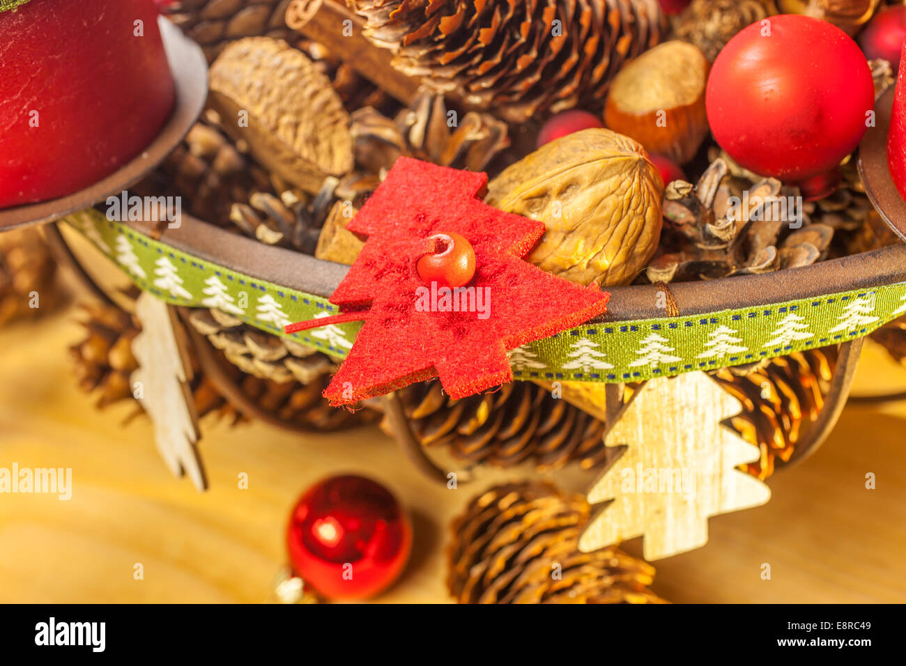 Detail of advent wreath with red candles in country style Stock Photo