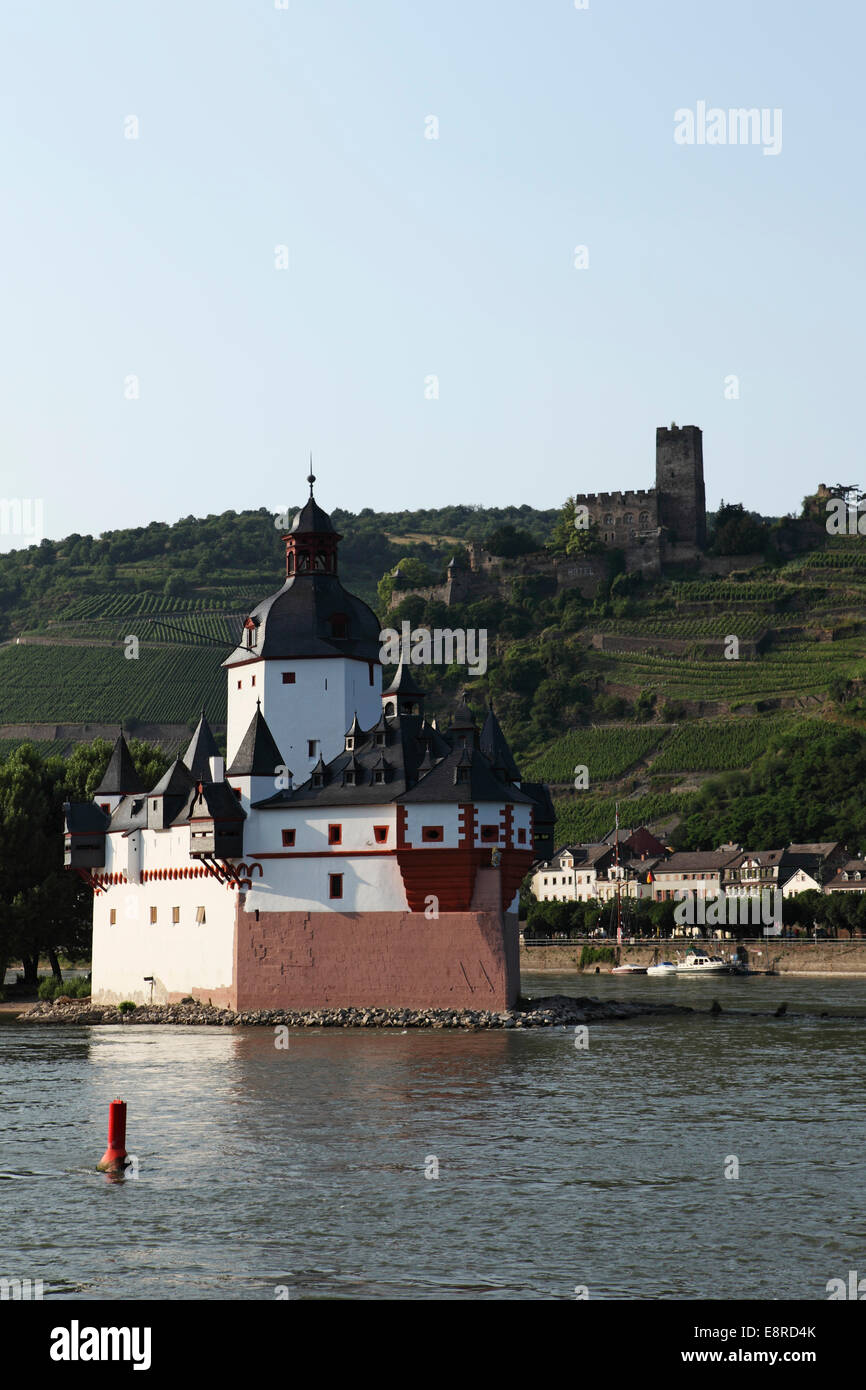 Pfalzgrafenstein Castle on the River Rhine in Germany. The 14th century toll castle stands in Flakenau Island and is know simply Stock Photo