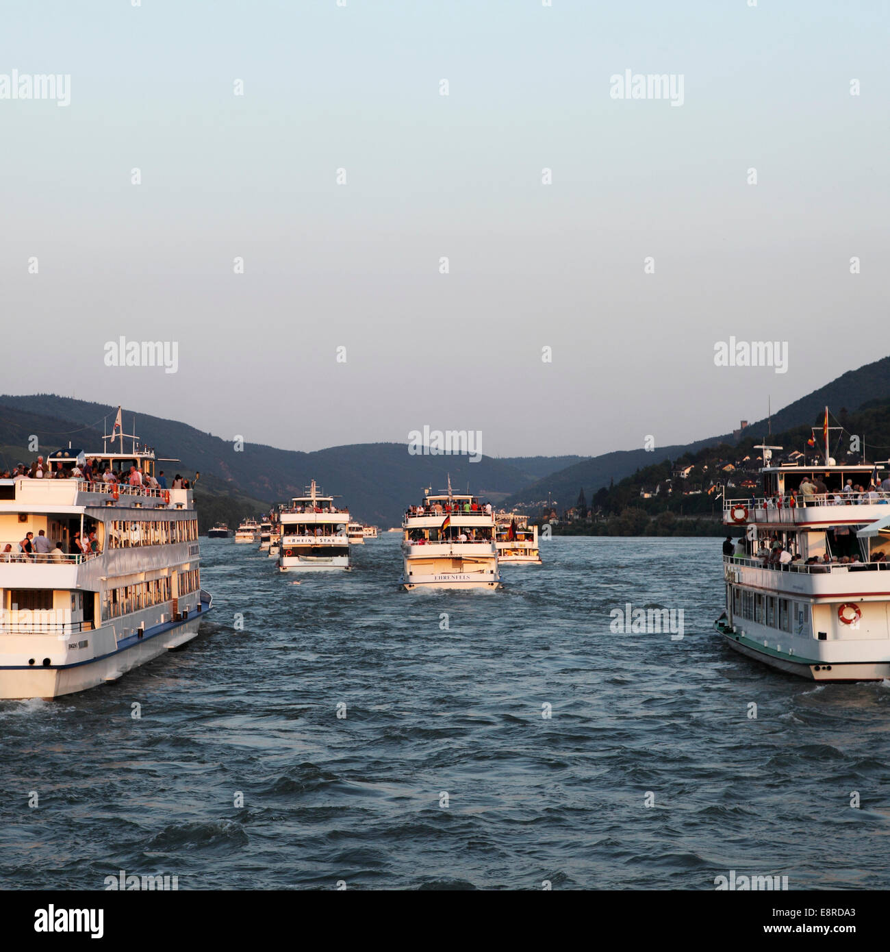 Ships cruising on the River Rhine in Germany. Stock Photo