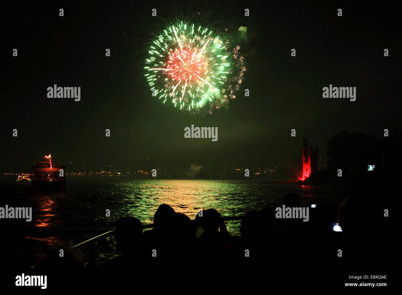 Fireworks over the River Rhine during the 'Rhein in Flammen' ('Rhine in Flames') festival in Germany. Stock Photo