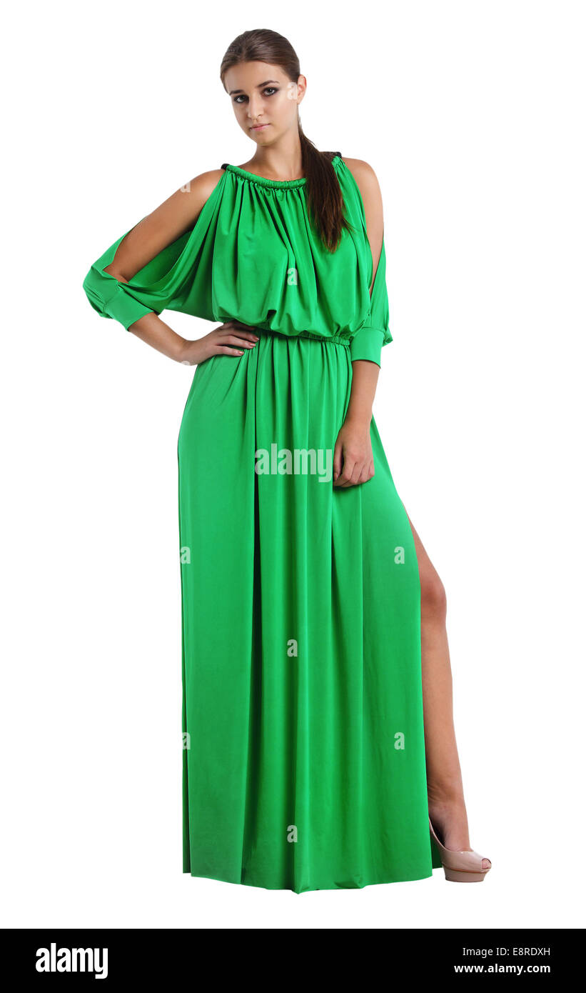 Portrait of the beautiful brunette girl in long green dress Stock Photo ...