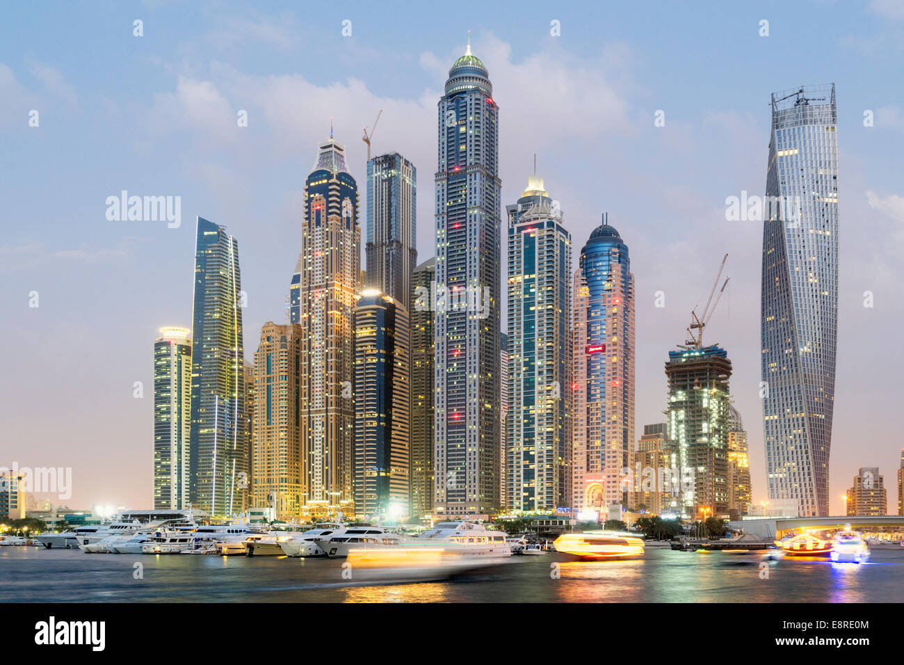 Skyline at night of skyscrapers in Dubai United Arab Emirates Stock Photo
