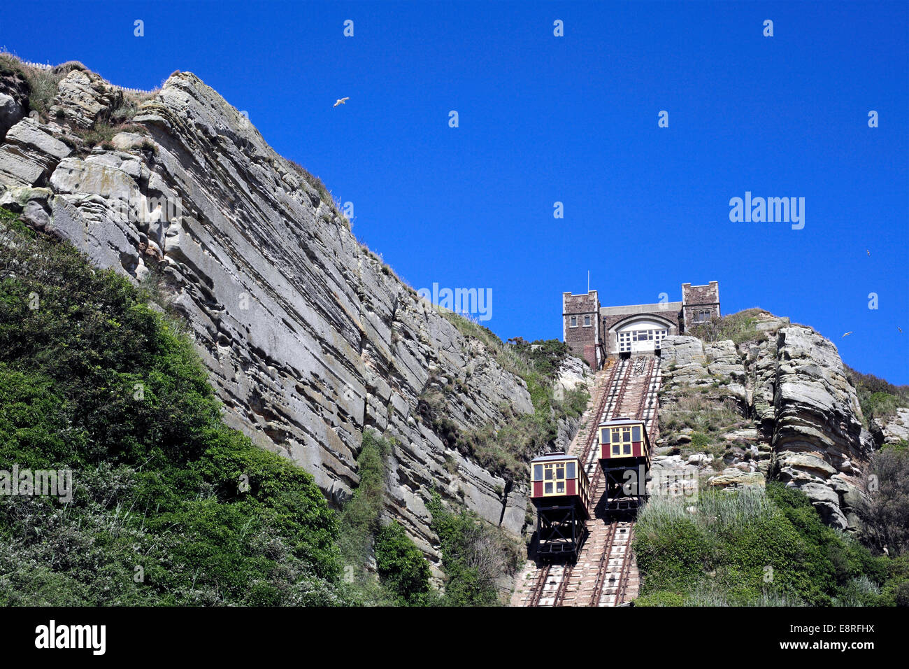 Cliffs in Hastings next to the East Hill Lift funicular railway overlooking Rock-a-Nore Road. Stock Photo