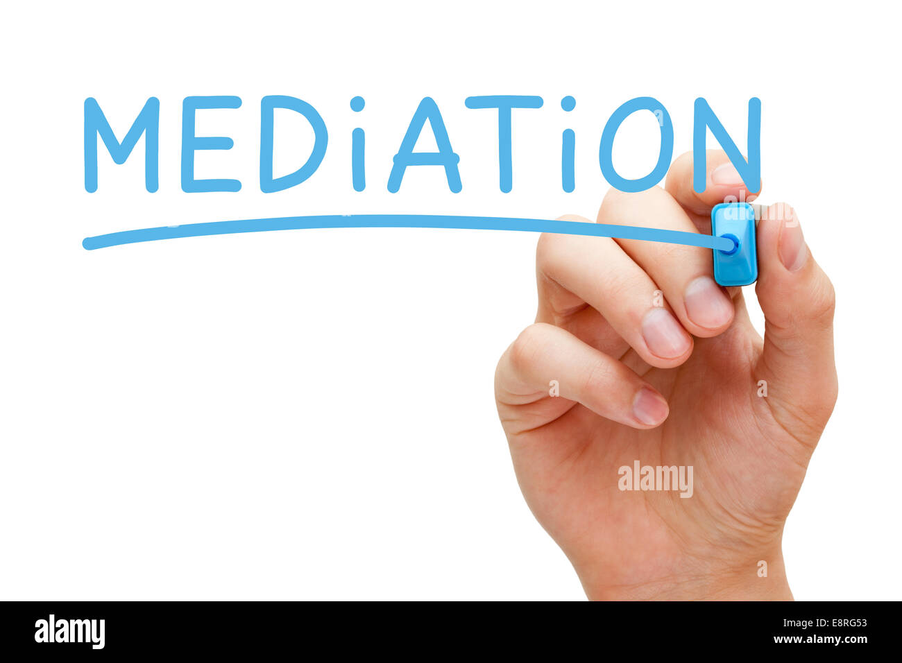 Hand writing Mediation with blue marker on transparent wipe board. Stock Photo