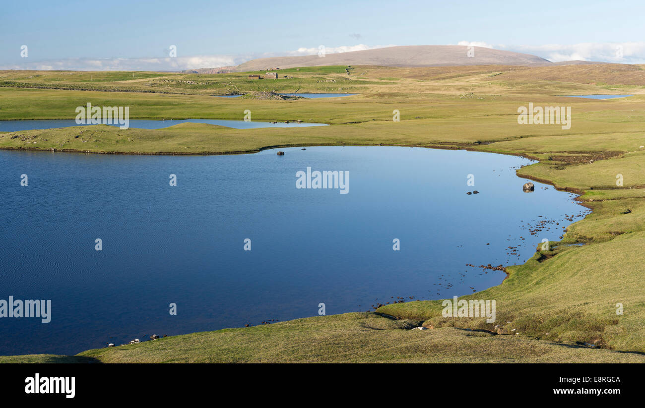 Landscape in Northmavine with the village of Hillswick at St. Magnus Bay, Shetland islands, Scotland. Stock Photo