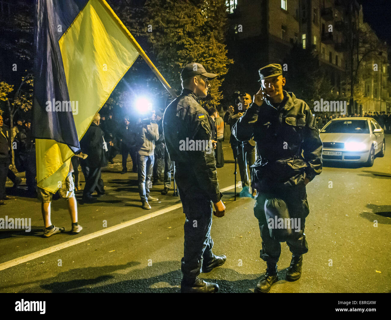 About 500 National Guard conscripts picketed the Presidential Administration of Ukraine. They demanded the demobilization, have served more than the statutory period. By protesting soldiers came fighters wounded in eastern Ukraine. They announced the demonstrators traitors and deserters. 13th Oct, 2014. © Igor Golovniov/ZUMA Wire/Alamy Live News Stock Photo