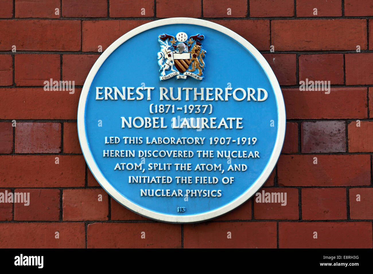Blue plaque commemorating the work of Ernest Rutherford, Coupland Street, Manchester. Britain Stock Photo