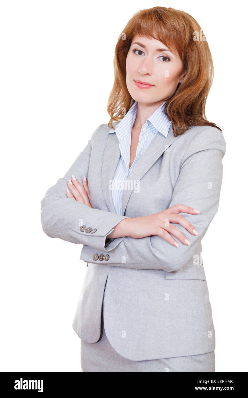 Portrait of a young attractive business woman in grey suit Stock Photo ...