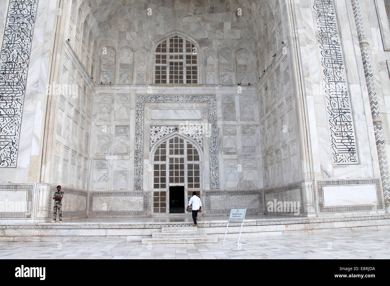 First visitor to the Mausoleum of the Taj Mahal at Agra early in the morning Stock Photo
