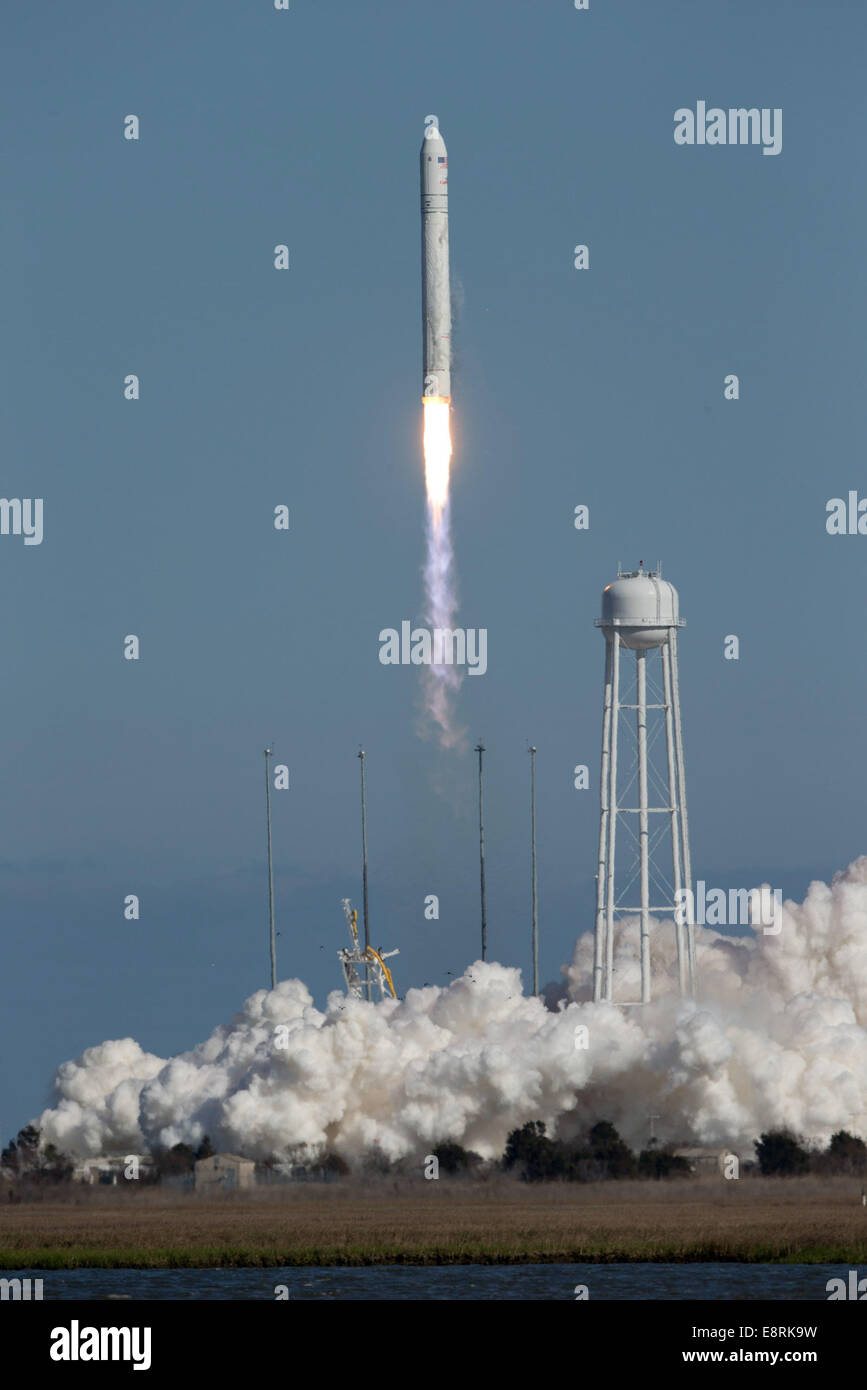 Lift off the Antares rocket from the Wallops FLight facitlity at 5:00pm EDT. The Orbital Sciences Corporation Antares rocket is Stock Photo