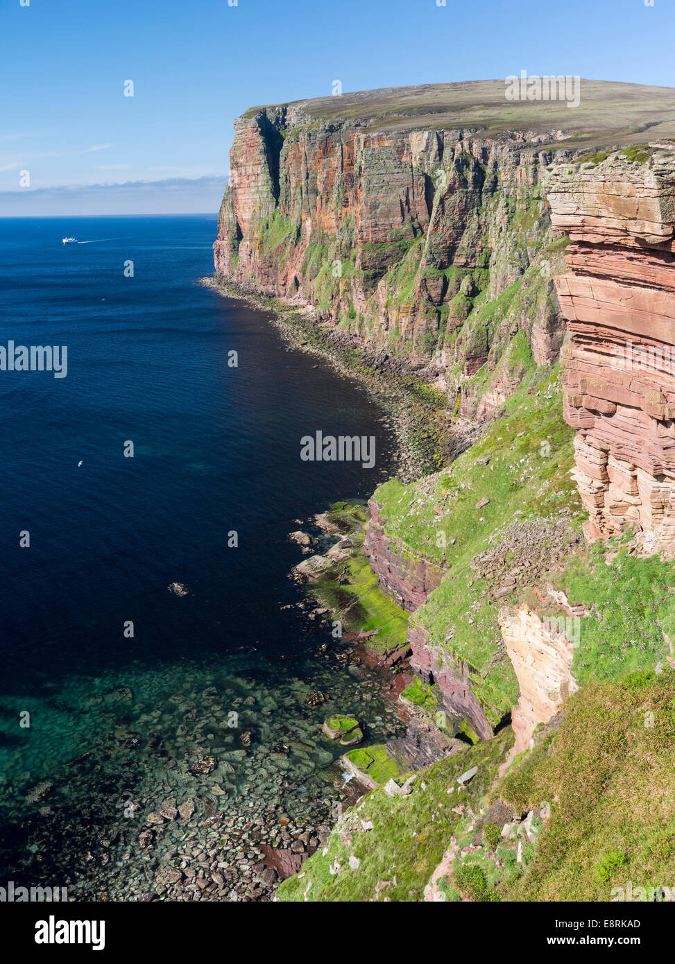 The cliffs of Hoy island near the Old Man of Hoy, View of the Brae Brough Cliffs and St Johns Head, Orkney islands, Scotland. Stock Photo