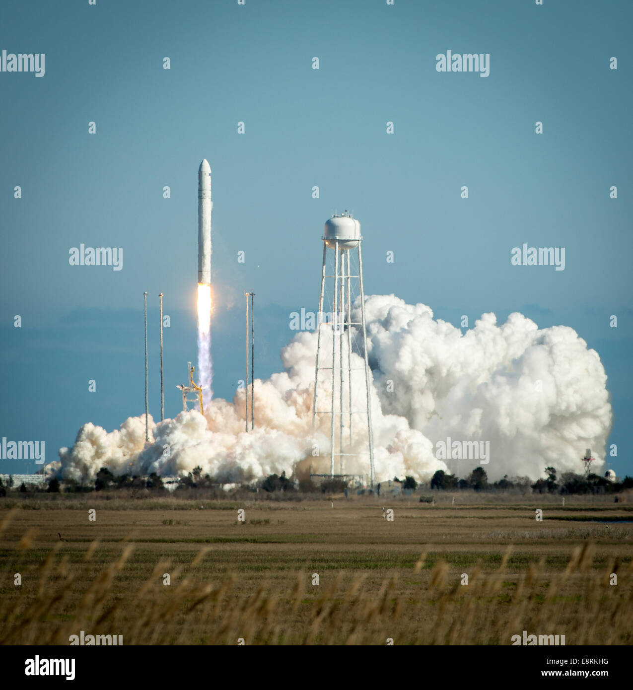 The Orbital Sciences Corporation Antares rocket is seen as it launches from Pad-0A of the Mid-Atlantic Regional Spaceport (MARS) Stock Photo