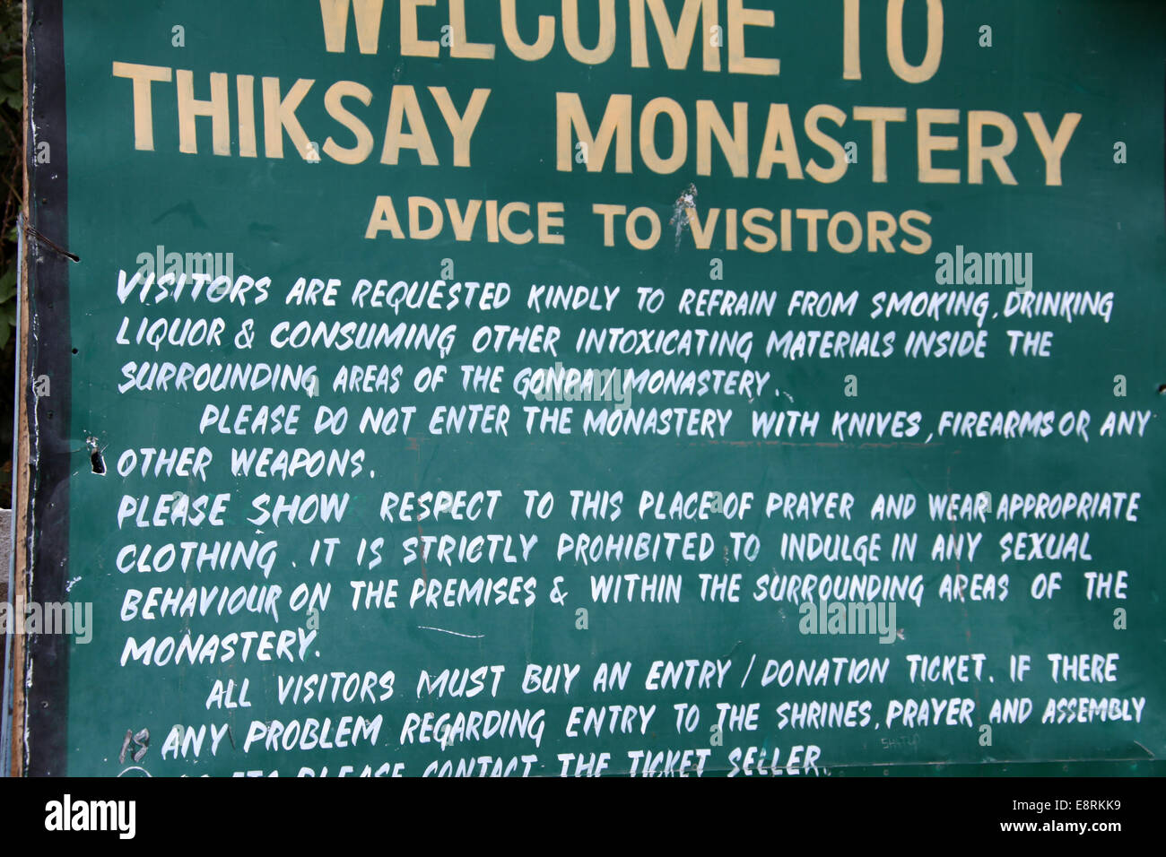Thiksay Monastery Sign for Visitors Stock Photo