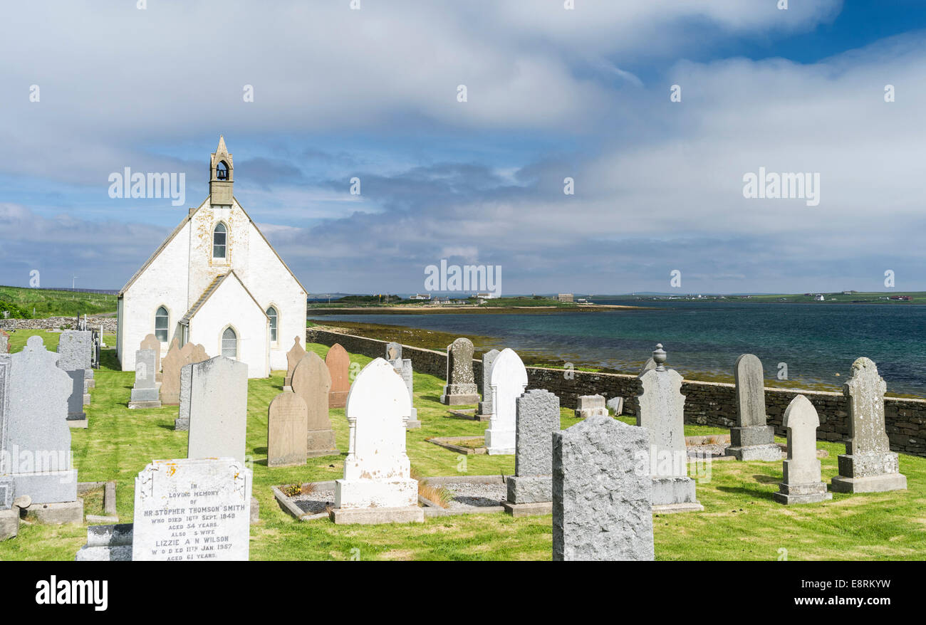 Hoy island, North Walls with church, cemetery and view over Scapa Flow, Orkney islands, Scotland. Stock Photo